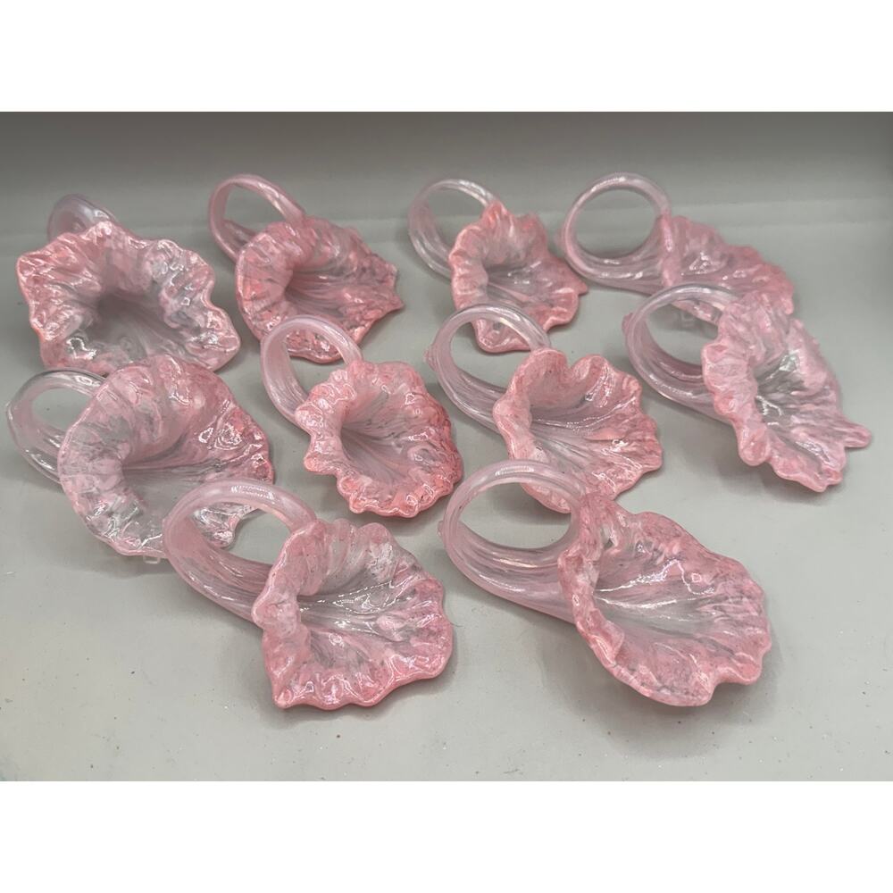 Set of 10 Pink Glass Blown Flower Napkin Rings